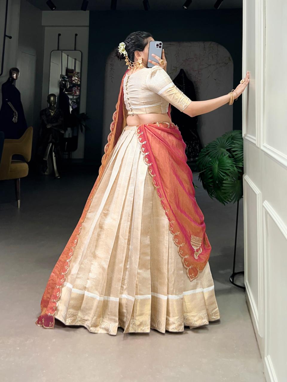 Royal Ivory Tissue Chaniya Choli with Scalloped Coral Pink Saree Drape