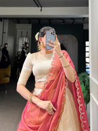 Royal Ivory Tissue Chaniya Choli with Scalloped Coral Pink Saree Drape