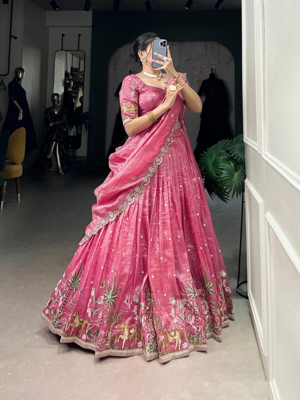 Premium Candy Pink Silk Chaniya Choli with Heritage Pichwai Embroidery Border Secondary image