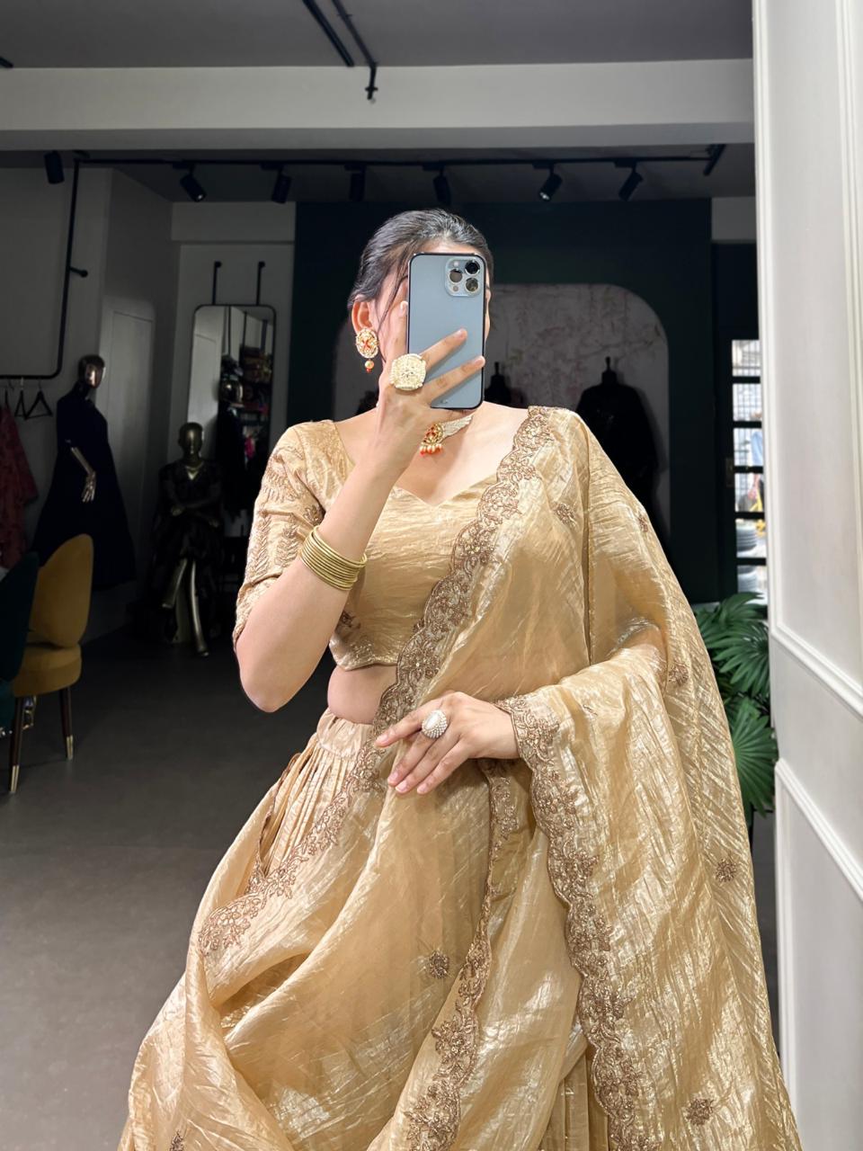 Imperial Metallic Gold Tissue Silk Chaniya Choli with Scalloped Zari Border