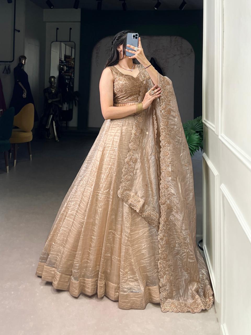 Royal Rust Silk Chaniya Choli with Ornate Antique Gold Zari & Scalloped Border Secondary image