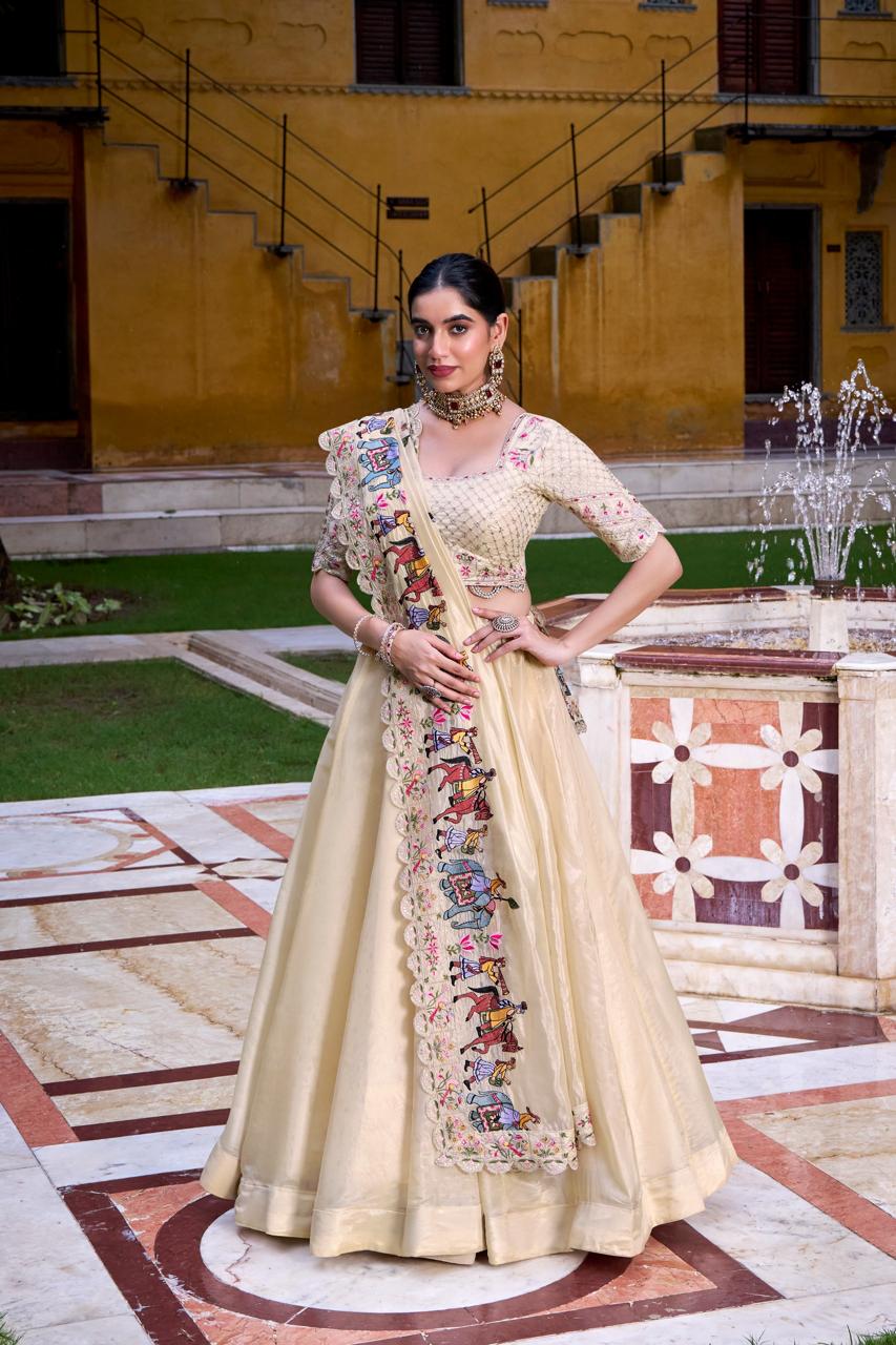 Imperial Cream Organza Chaniya Choli with Heritage Procession Scalloped Dupatta