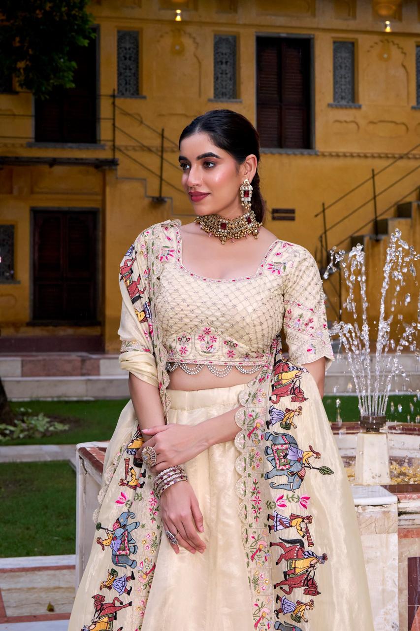 Imperial Cream Organza Chaniya Choli with Heritage Procession Scalloped Dupatta