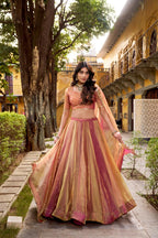 Regal Peach Pink Metallic Tissue Silk Chaniya Choli with Scalloped Zari Border
