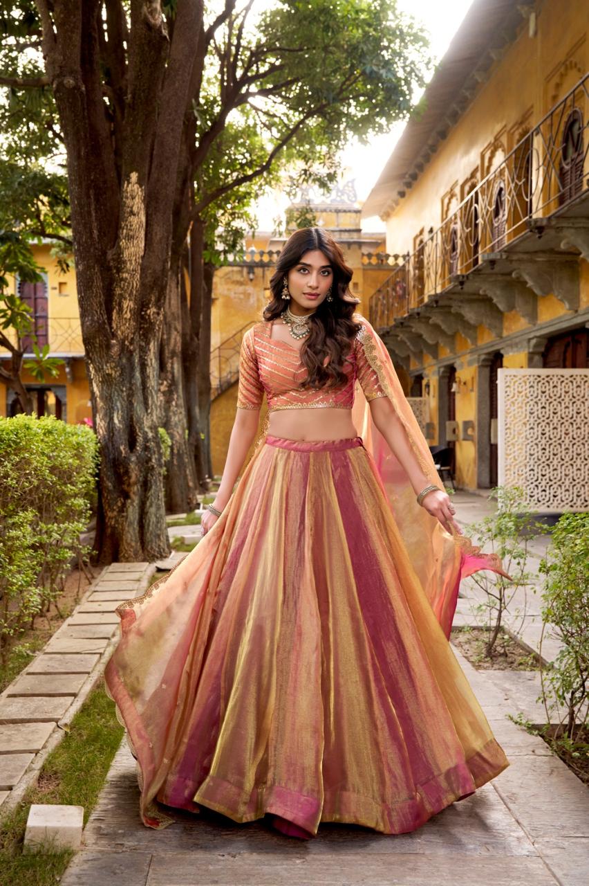 Regal Peach Pink Metallic Tissue Silk Chaniya Choli with Scalloped Zari Border
