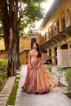 Regal Peach Pink Metallic Tissue Silk Chaniya Choli with Scalloped Zari Border