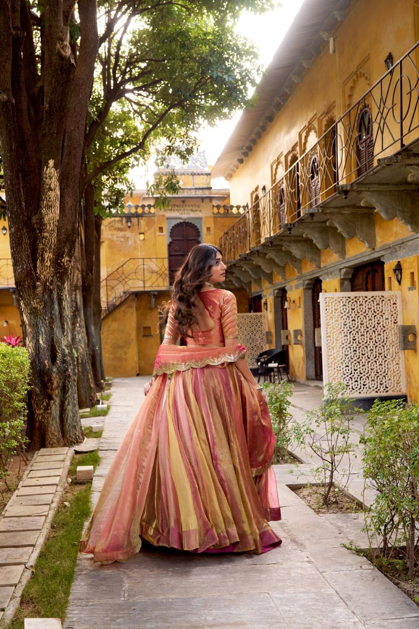 Regal Peach Pink Metallic Tissue Silk Chaniya Choli with Scalloped Zari Border