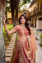 Regal Peach Pink Metallic Tissue Silk Chaniya Choli with Scalloped Zari Border