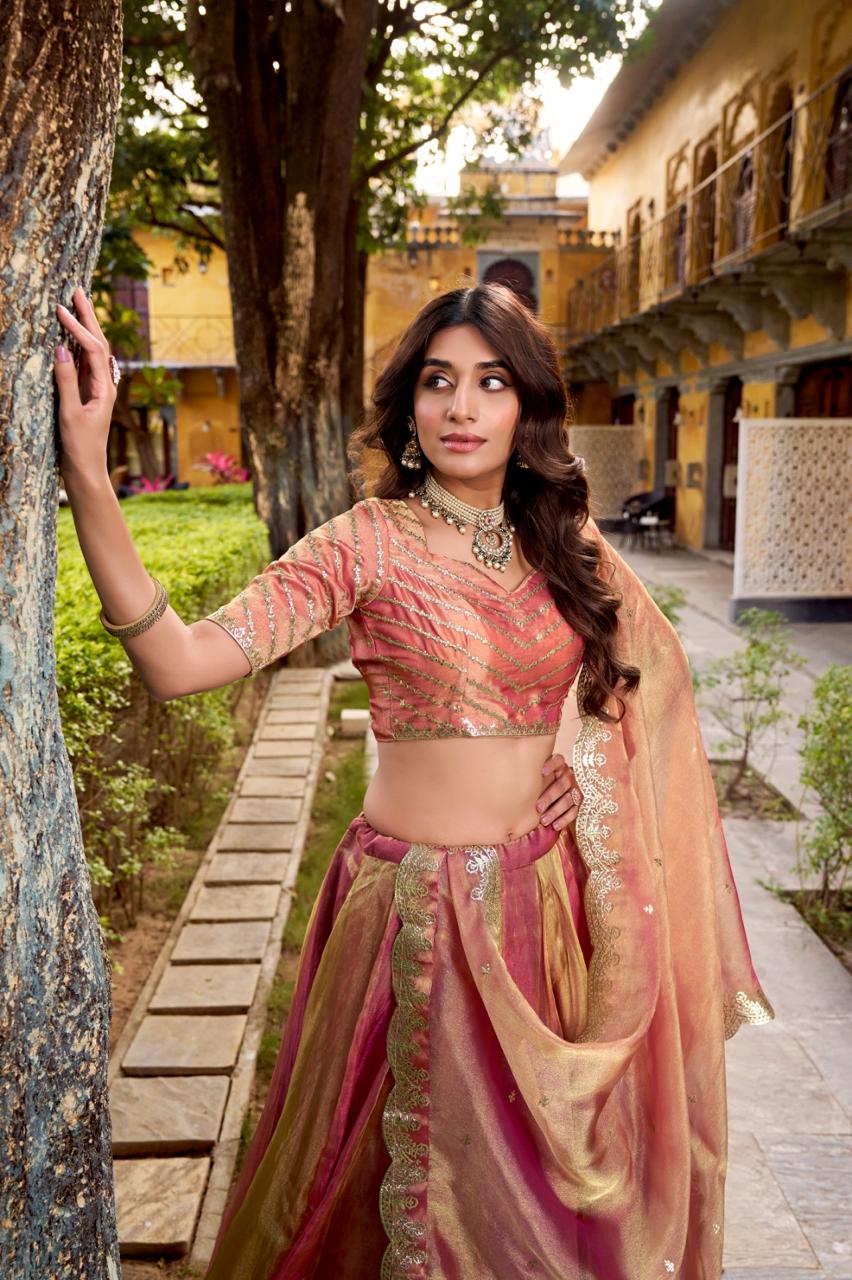 Regal Peach Pink Metallic Tissue Silk Chaniya Choli with Scalloped Zari Border