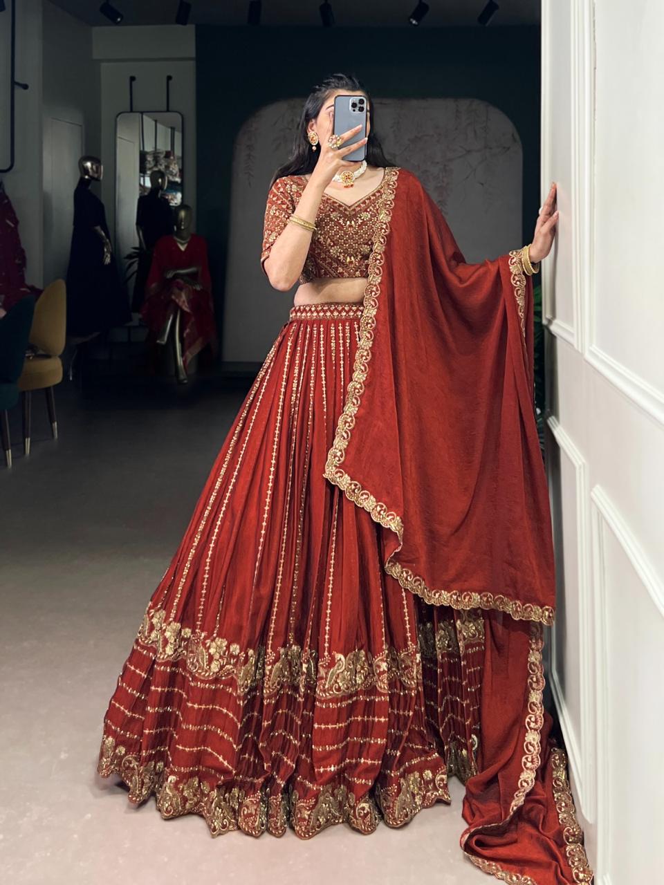 Royal Rust Silk Chaniya Choli with Ornate Antique Gold Zari & Scalloped Border Secondary image