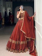 Royal Rust Silk Chaniya Choli with Ornate Antique Gold Zari & Scalloped Border