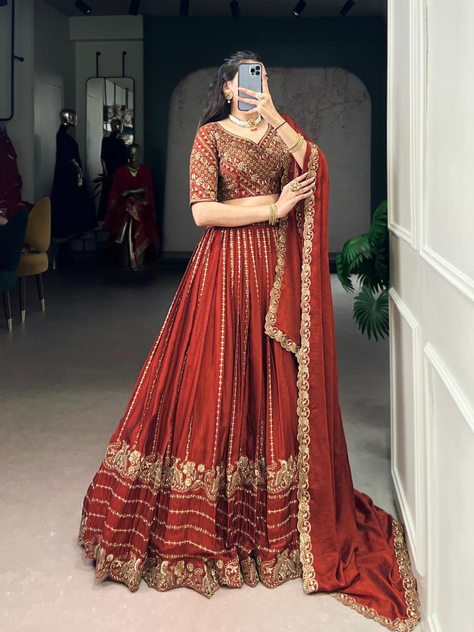 Royal Rust Silk Chaniya Choli with Ornate Antique Gold Zari & Scalloped Border