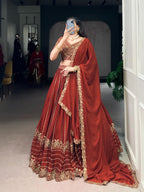 Royal Rust Silk Chaniya Choli with Ornate Antique Gold Zari & Scalloped Border