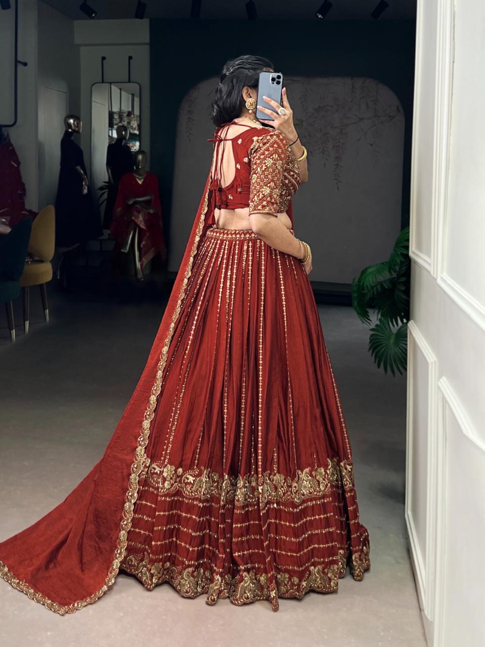 Royal Rust Silk Chaniya Choli with Ornate Antique Gold Zari & Scalloped Border