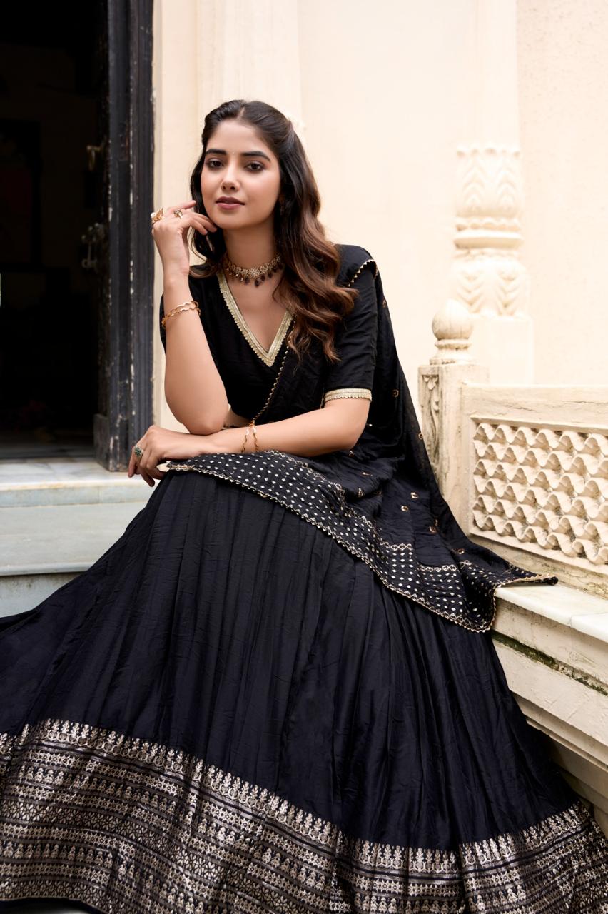 Royal Midnight Black Cotton Silk Chaniya Choli with Traditional Gold Zari Border Secondary image