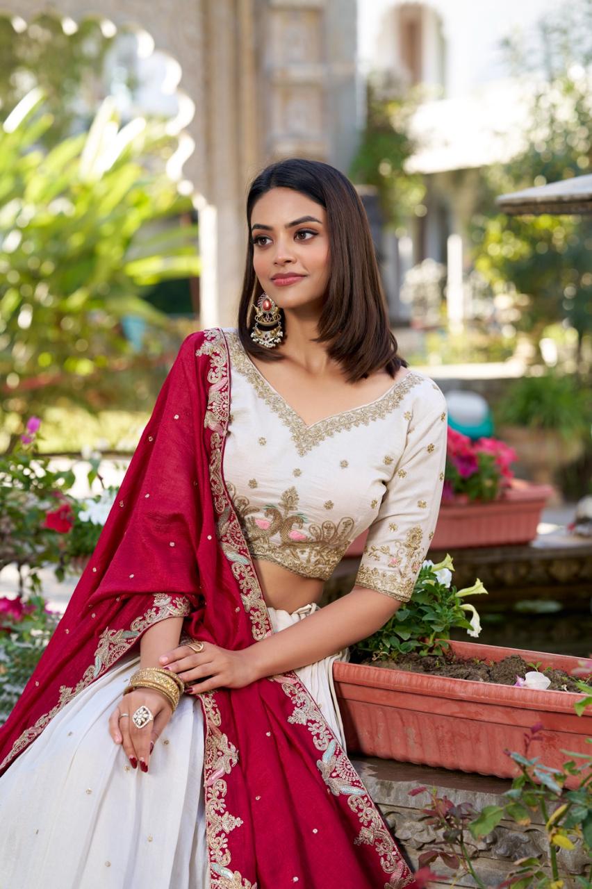 Royal Ivory Silk Chaniya Choli with Heritage Peacock Embroidery & Crimson Red Dupatta