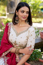 Royal Ivory Silk Chaniya Choli with Heritage Peacock Embroidery & Crimson Red Dupatta