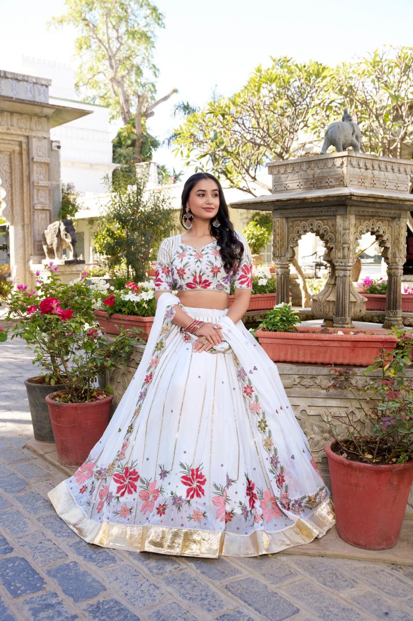 Elegant Off-White Georgette Chaniya Choli with Multi-Color Floral Embroidery Main image