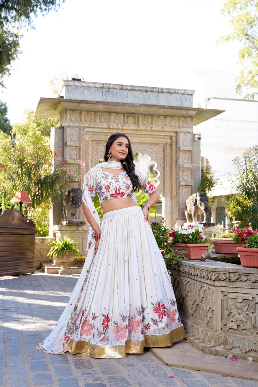 Elegant Off-White Georgette Chaniya Choli with Multi-Color Floral Embroidery