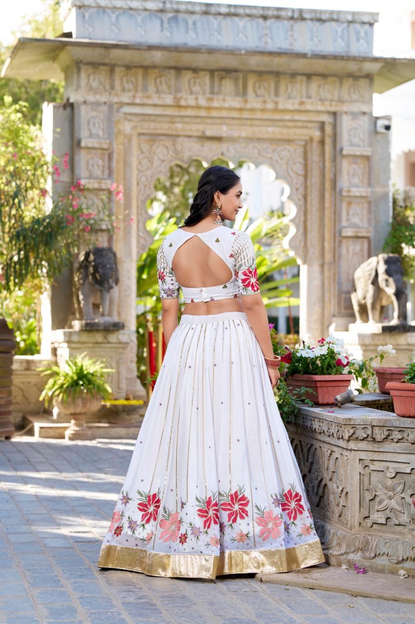 Elegant Off-White Georgette Chaniya Choli with Multi-Color Floral Embroidery