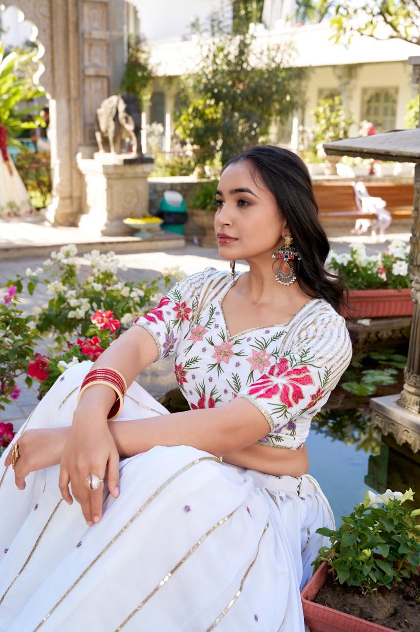 Elegant Off-White Georgette Chaniya Choli with Multi-Color Floral Embroidery