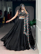 Premium Jet Black Silk Chaniya Choli with Pastel Floral & Sequin Embroidery