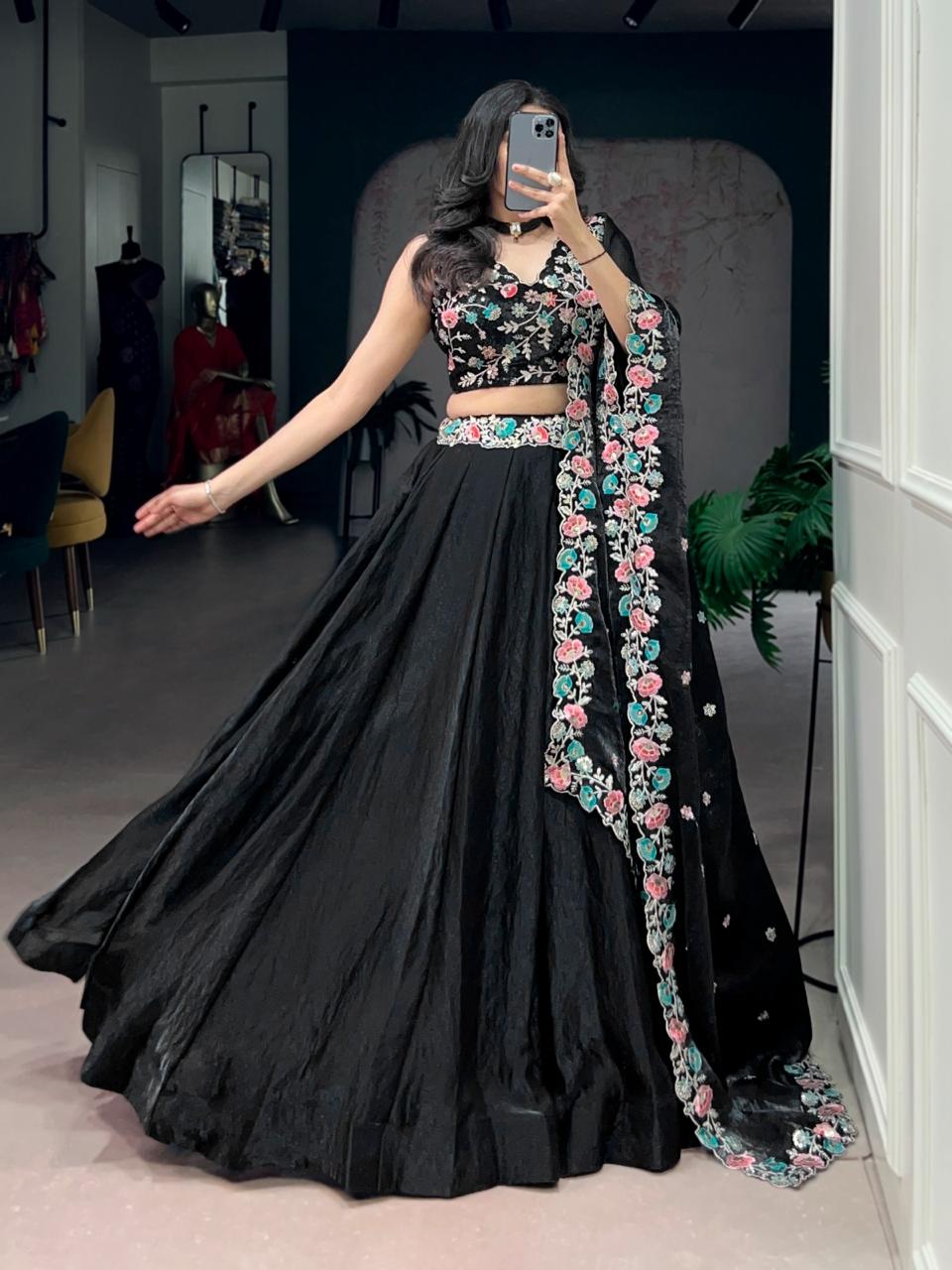 Premium Jet Black Silk Chaniya Choli with Pastel Floral & Sequin Embroidery