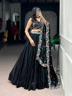 Premium Jet Black Silk Chaniya Choli with Pastel Floral & Sequin Embroidery