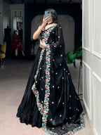 Premium Jet Black Silk Chaniya Choli with Pastel Floral & Sequin Embroidery