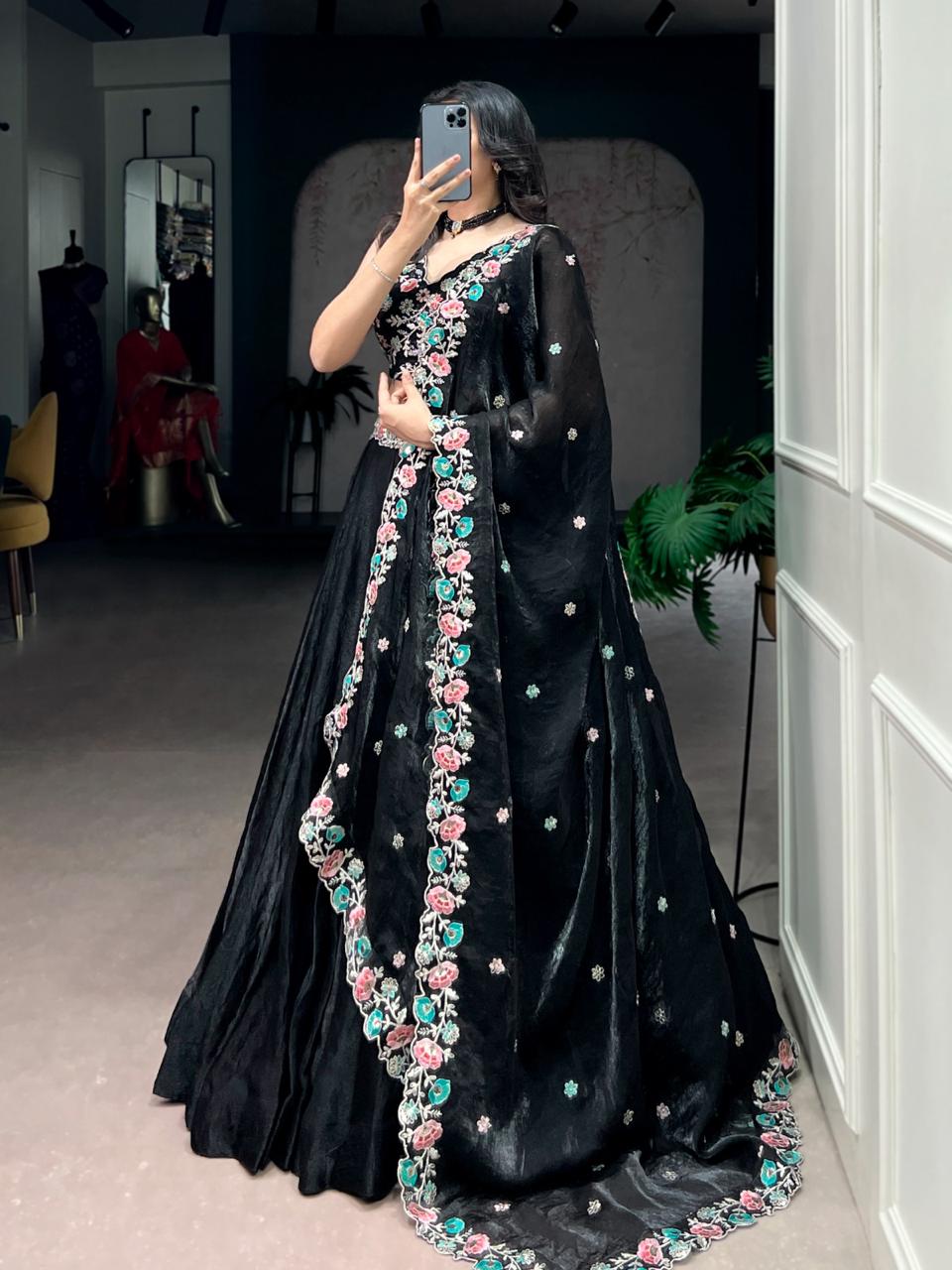 Premium Jet Black Silk Chaniya Choli with Pastel Floral & Sequin Embroidery