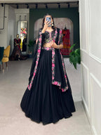 Elegant Midnight Black Georgette Chaniya Choli with Pink Floral & Mirror Work Blouse