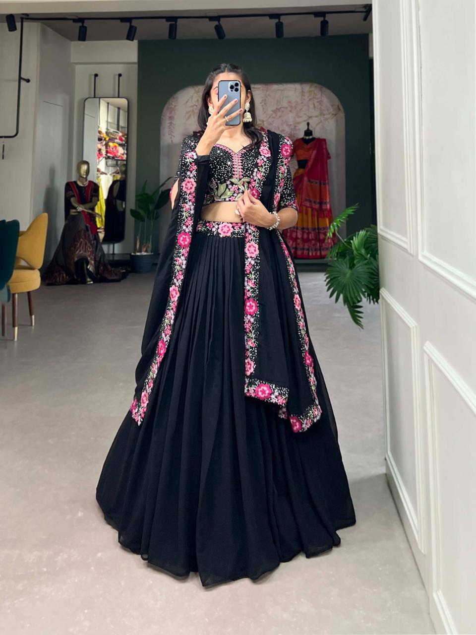 Elegant Midnight Black Georgette Chaniya Choli with Pink Floral & Mirror Work Blouse