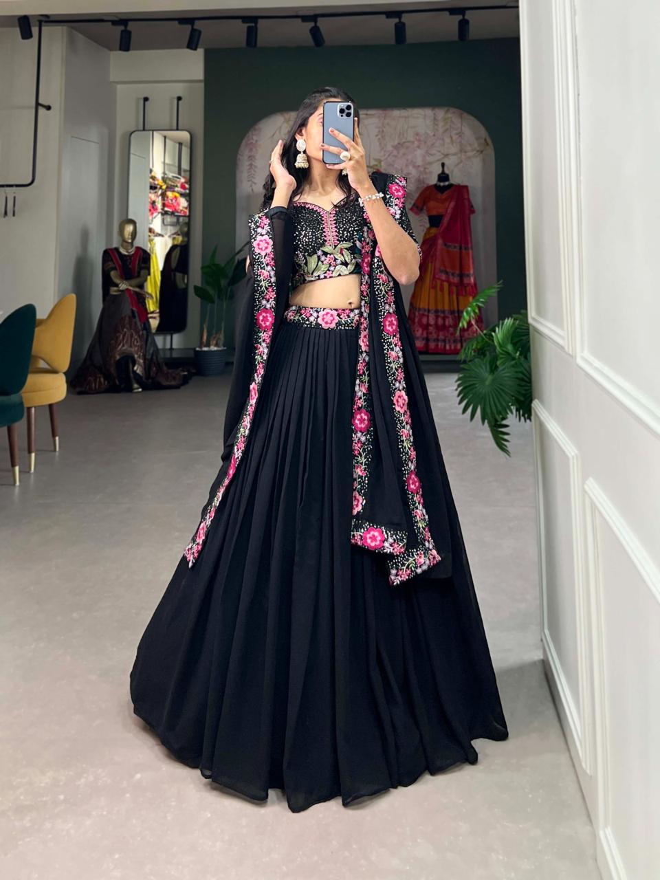 Elegant Midnight Black Georgette Chaniya Choli with Pink Floral & Mirror Work Blouse Secondary image
