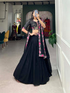 Elegant Midnight Black Georgette Chaniya Choli with Pink Floral & Mirror Work Blouse