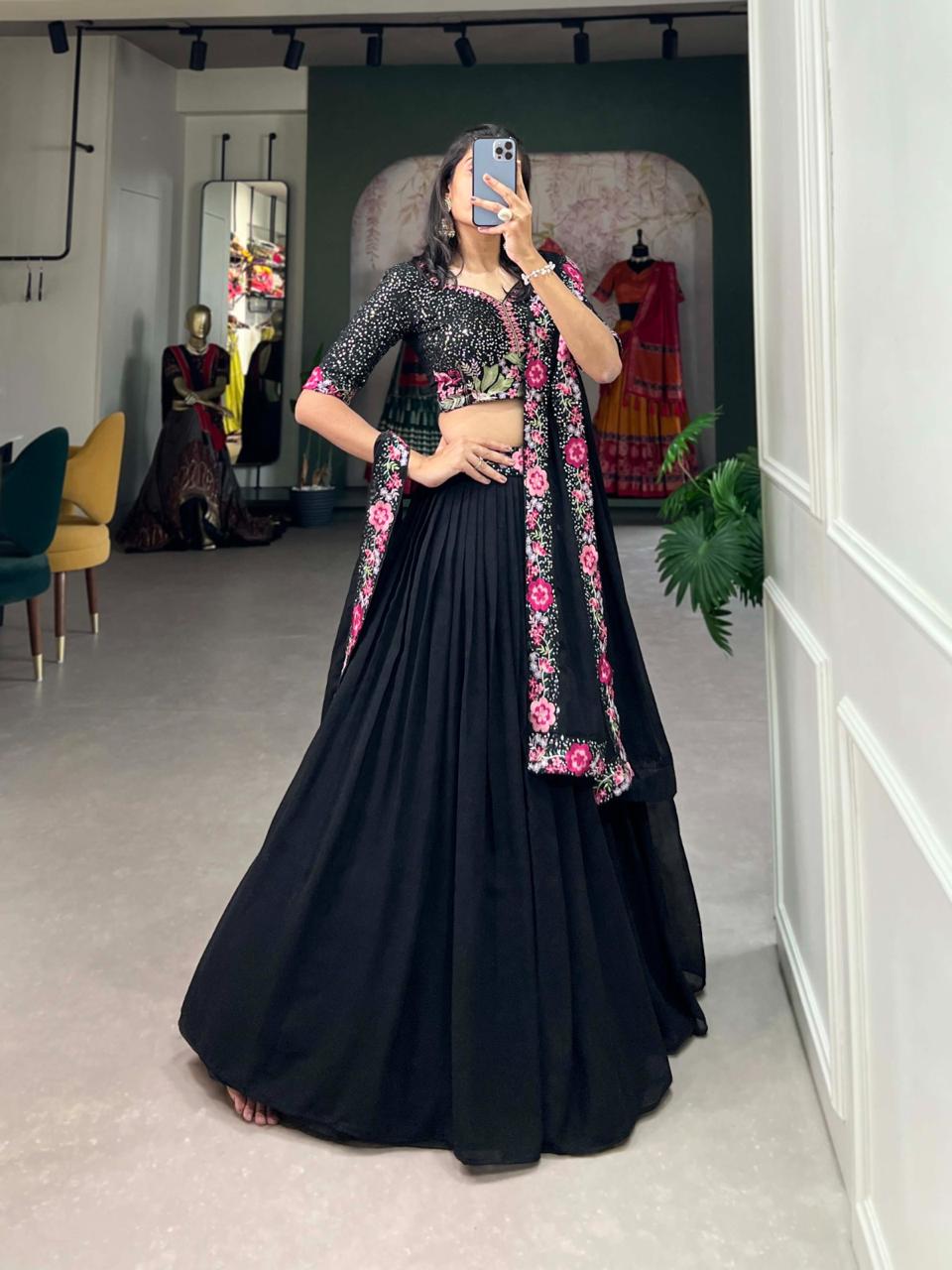 Elegant Midnight Black Georgette Chaniya Choli with Pink Floral & Mirror Work Blouse