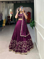 Regal Wine Silk Chaniya Choli with Ornate Gold Zari & Scalloped Hem