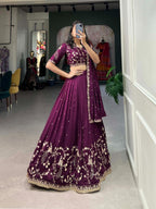 Regal Wine Silk Chaniya Choli with Ornate Gold Zari & Scalloped Hem
