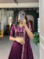 Regal Wine Silk Chaniya Choli with Ornate Gold Zari & Scalloped Hem