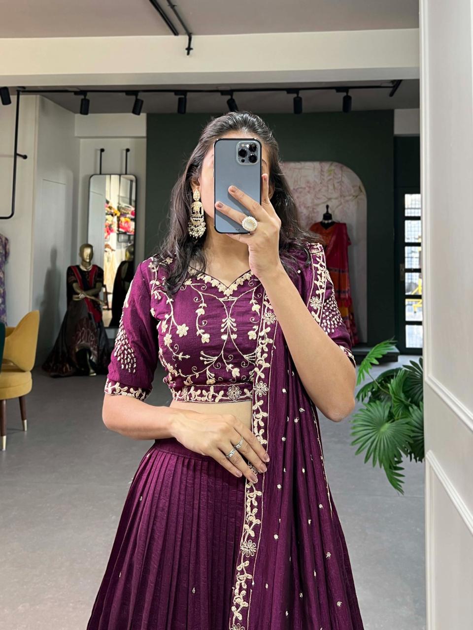 Regal Wine Silk Chaniya Choli with Ornate Gold Zari & Scalloped Hem