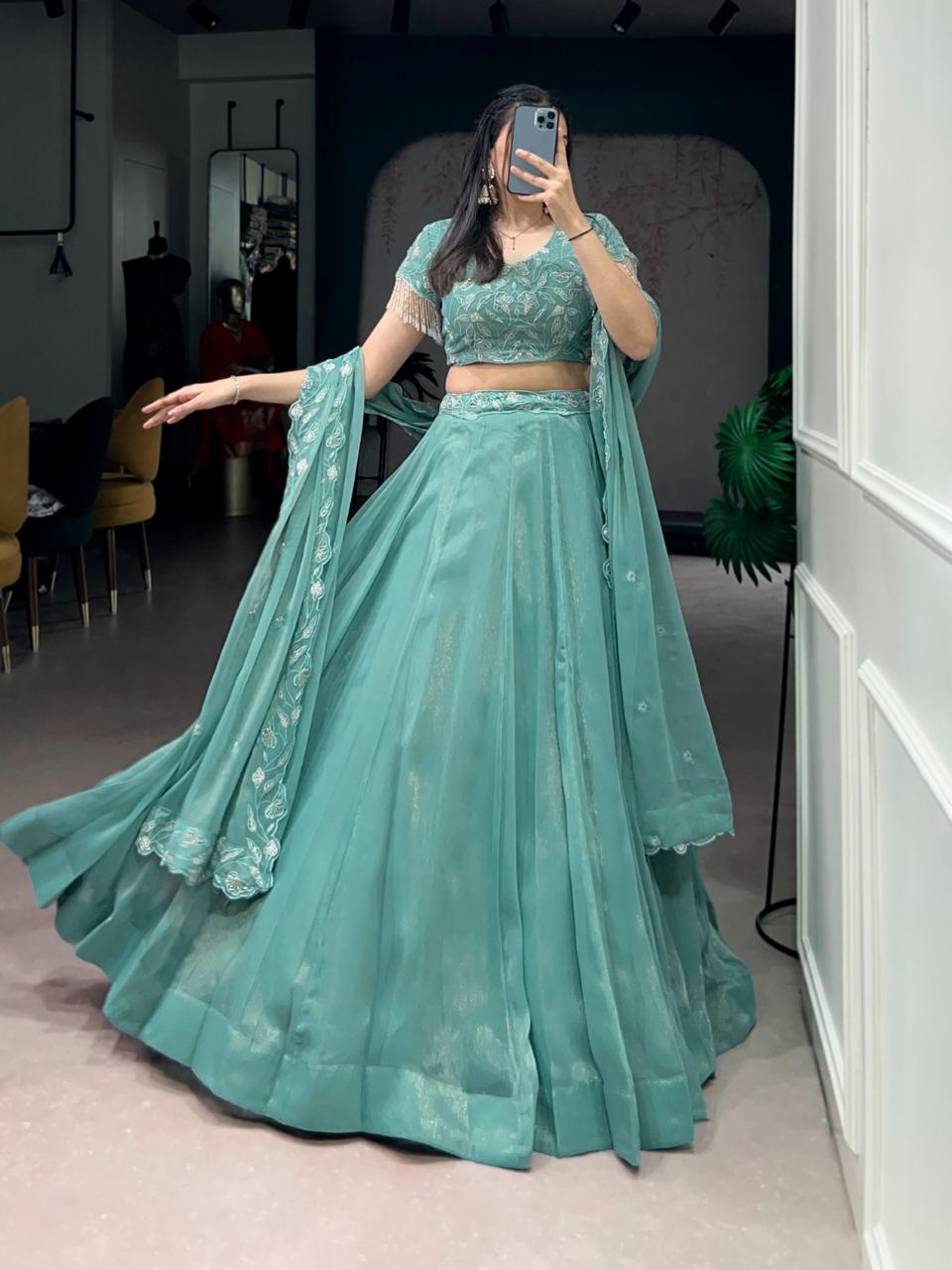 Elegant Mint Green Georgette Chaniya Choli with Intricate Tonal Embroidery