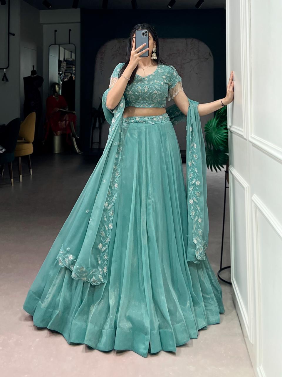 Elegant Mint Green Georgette Chaniya Choli with Intricate Tonal Embroidery Secondary image