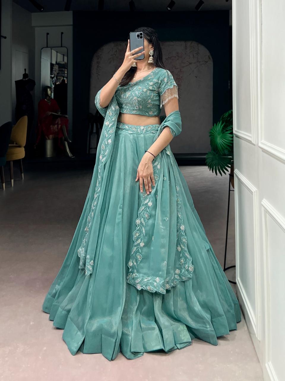 Elegant Mint Green Georgette Chaniya Choli with Intricate Tonal Embroidery