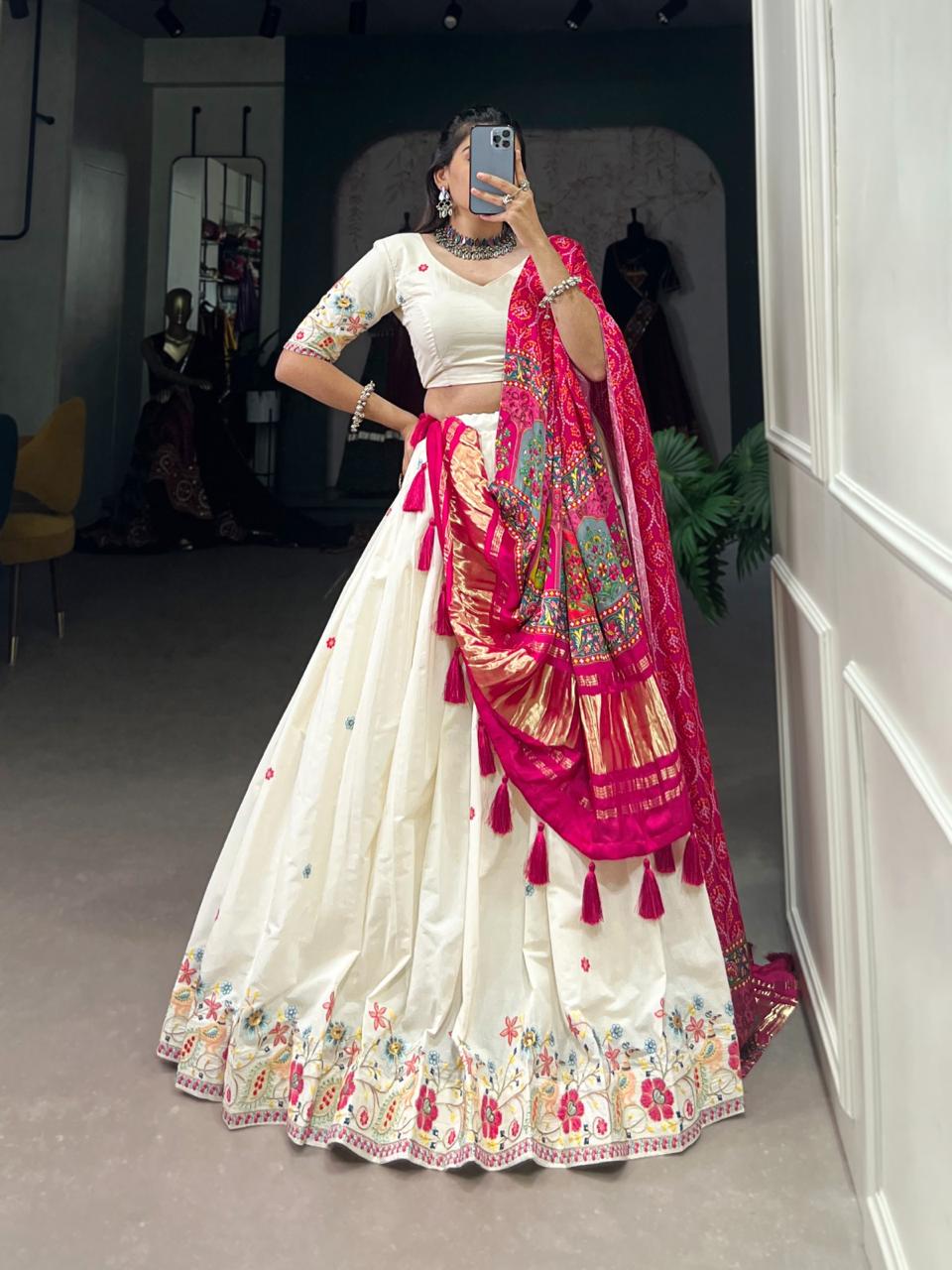 Elegant Off-White Silk Chaniya Choli with Vibrant Pink Zari Dupatta