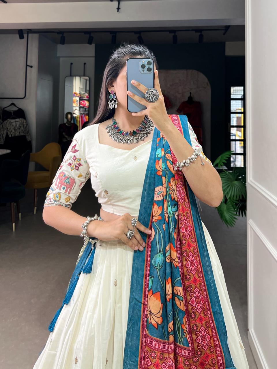Heritage Off-White Silk Chaniya Choli with Traditional Kalamkari Print & Patola Dupatta