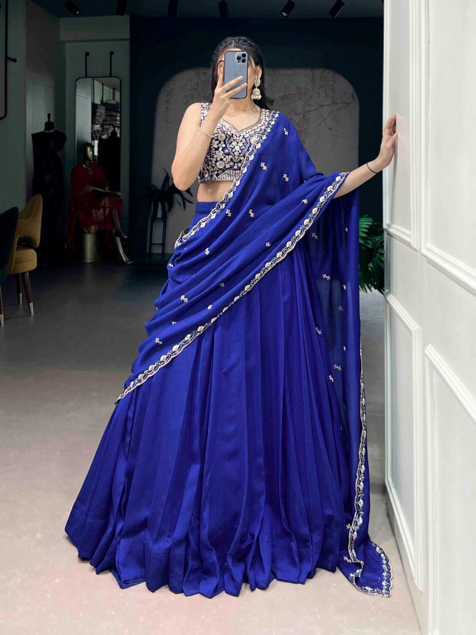 Royal Blue Indo-Western Chaniya Choli with Heavy Silver Zardosi Blouse & Saree Drape