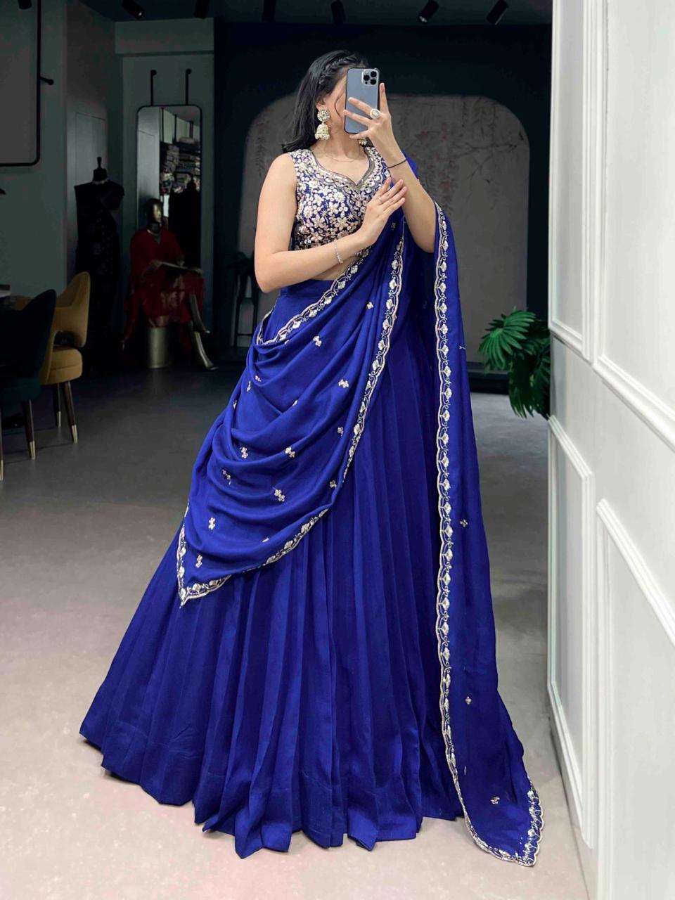 Royal Blue Indo-Western Chaniya Choli with Heavy Silver Zardosi Blouse & Saree Drape