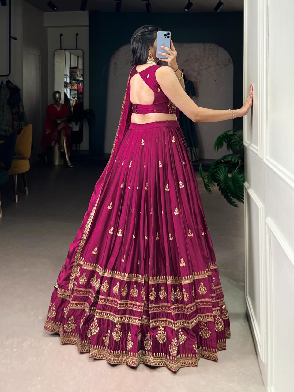 Regal Wine Silk Chaniya Choli with Intricate Gold Zari & Architectural Embroidery