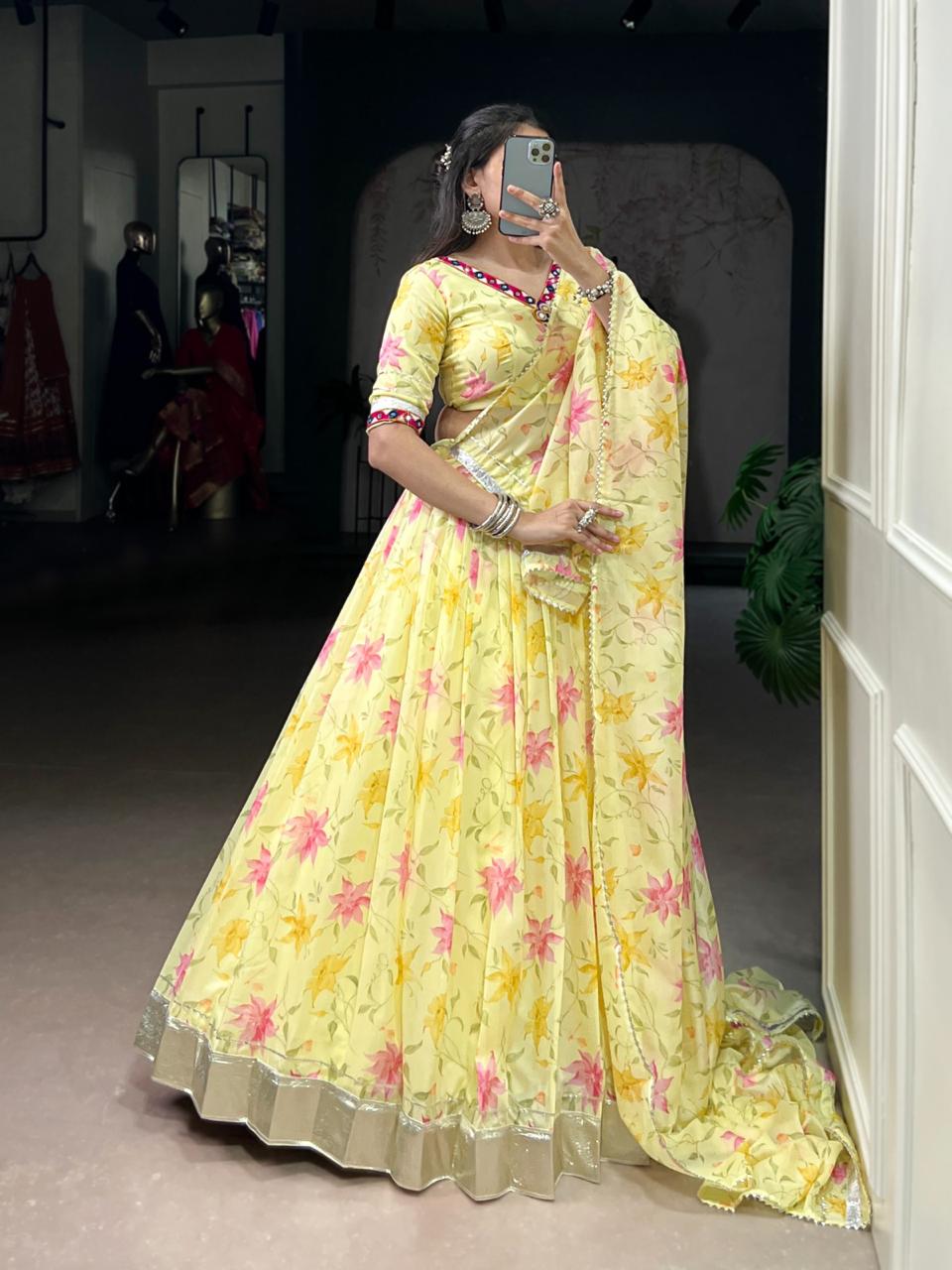 Breezy Canary Yellow Floral Print Chaniya Choli with Silver Gota Border Secondary image