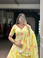 Breezy Canary Yellow Floral Print Chaniya Choli with Silver Gota Border