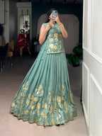 Elegant Sage Green Chaniya Choli with Gold Floral Zari Weaving & Tunic Blouse